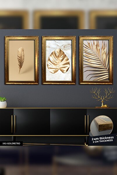 Evinemoda Frunze de aur - Pictură înrămată în 3 piese CVPLK