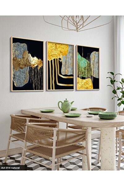Evinemoda Abstract Gold Patterns 3 Piece Painting with Wooden Frame Act