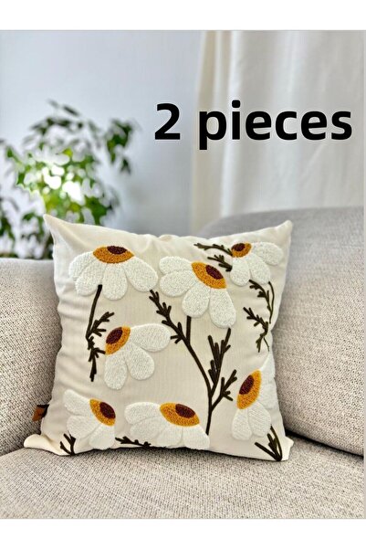 harev home collection غطاء وسادة مطرز بنقشة ديزي - مقاس 43 × 43 سم، مجموعة من...