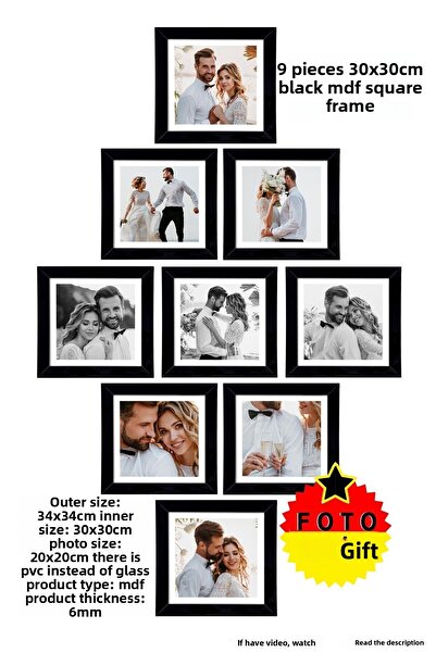 yhfoto 9 Pieces 30x30 Frame - Black Frame - Mdf Square Frame - Photo Frame Set