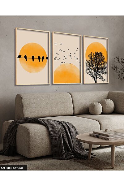 Evinemoda Abstract Nature Tree Birds Sun 3 Piece Wooden Framed Painting Act