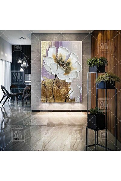 SML TABLO Pictură verticală pe pânză cu flori albe cu detalii aurii