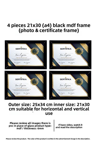 yhfoto A4 Certificate Frame - 4 Pieces 21x30 Black Frame with PVC