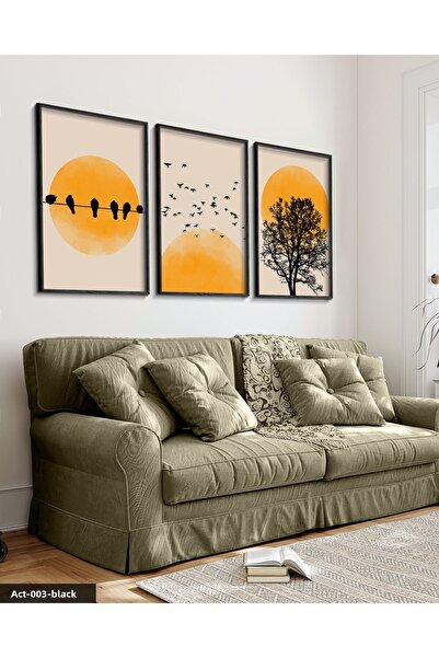 Evinemoda Abstract Nature Tree Birds Sun 3 Piece Black Wood Framed Painting Act
