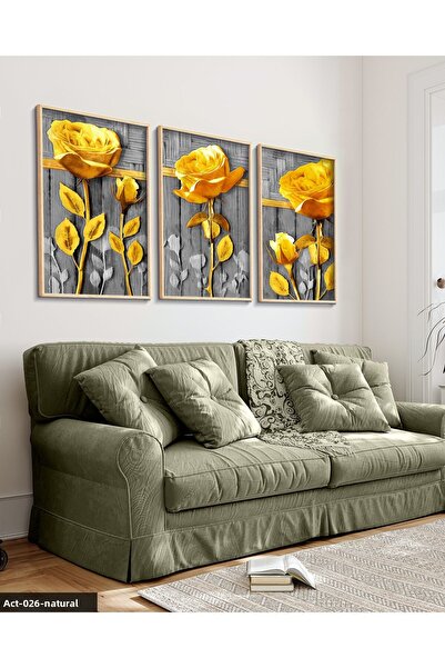 Evinemoda Gold Flower 3 Piece Wooden Framed Painting Act