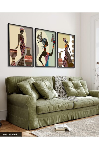 Evinemoda Ethnic African Women 3 Piece Black Wooden Framed Painting Act