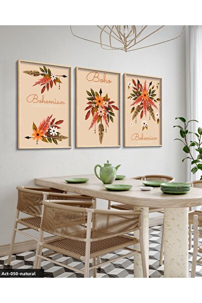 Evinemoda Boho Style, Floral, 3 Piece Wooden Framed Painting Act