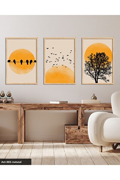 Evinemoda Abstract Nature Tree Birds Sun 3 Piece Wooden Framed Painting Act