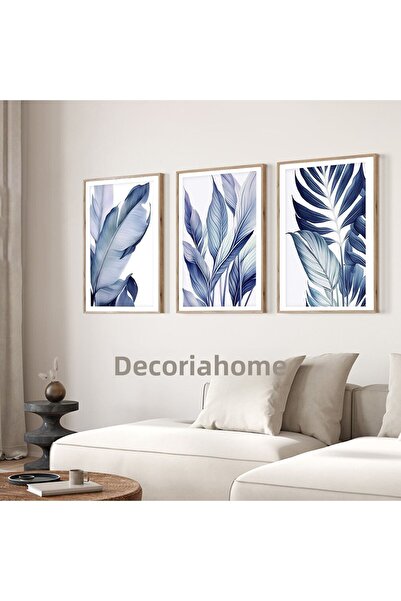 Dekorsiahome Set de pictură cu 3 piese cu ramă din lemn Blue Leaf