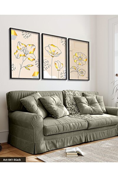 Evinemoda Drawing Flower 3 Piece Black Wooden Framed Painting Act