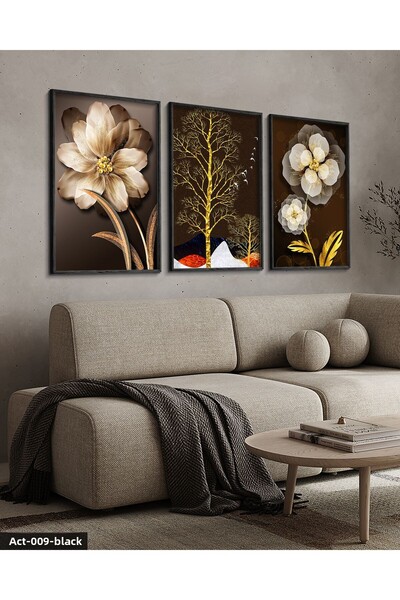 Evinemoda Flower Tree 3 Piece Black Wooden Framed Painting Act