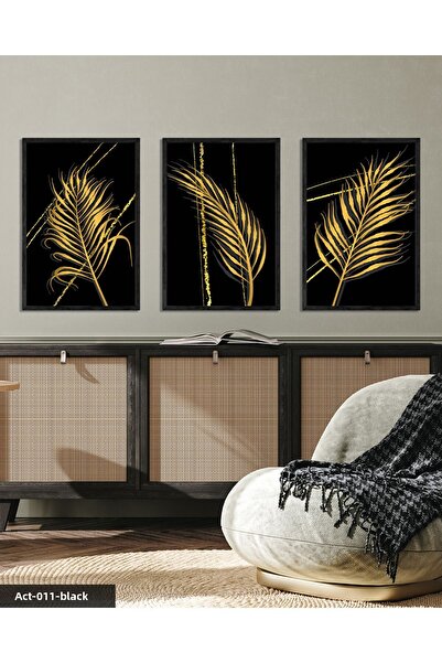Evinemoda Gold Feather Pattern 3 Piece Black Wooden Framed Painting Act