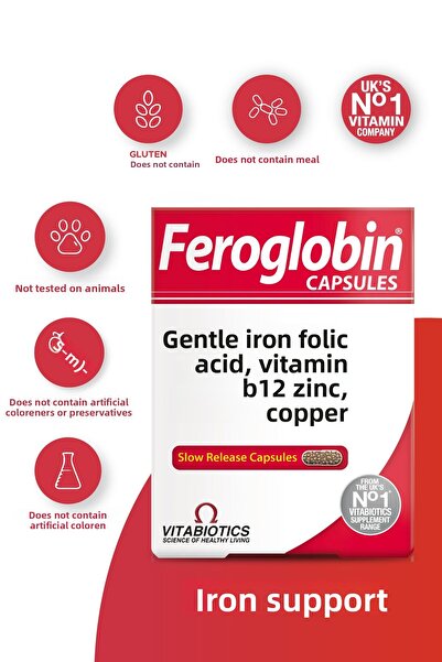 Vitabiotics Gentle Iron - 30 Capsules Food Supplement Containing Pheroglobin, Vitamin B12, Folic Acid, Zinc and Copper
