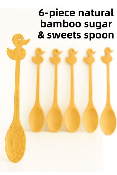 ARVALE 6 Pieces Natural Bamboo Duck Patterned Sugar & Dessert Spoon - 14 cm
