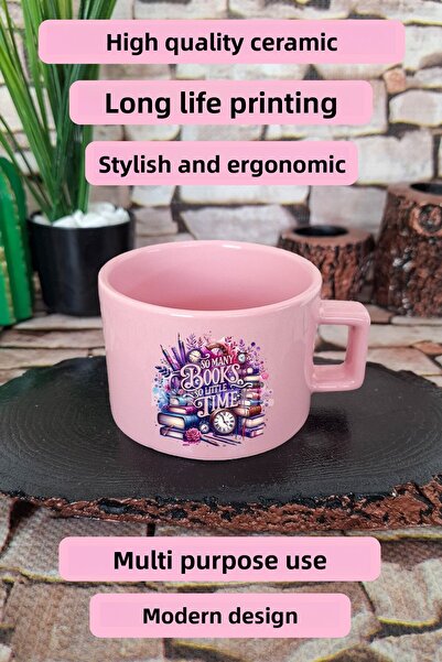 giftkonsept Book Lover Word Art Printed Book Time Word Art Square Cup with Handles Pink Mug Cup