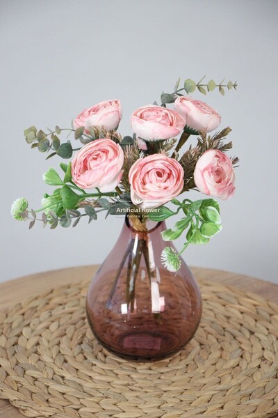 Yapay Çiçek Deposu Buchet de trandafiri bujor plat cu flori artificiale, 30 c...