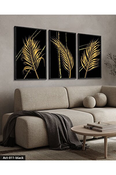 Evinemoda Gold Feather Pattern 3 Piece Black Wooden Framed Painting Act