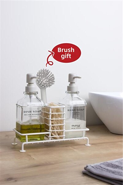 Okyanus Home موزع صابون سائل زجاجي مربع مزدوج مع فرشاة وحامل مضخة بيضاء سعة 500 مل