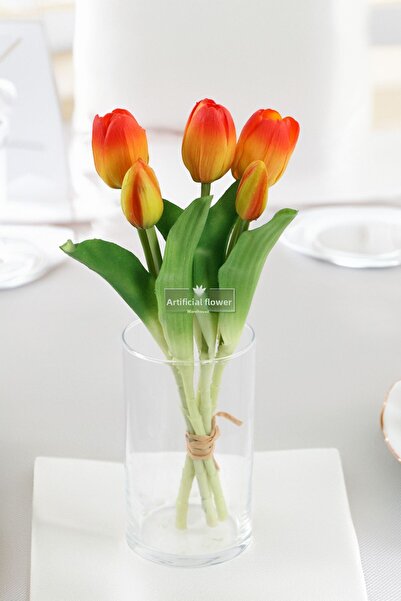 Yapay Çiçek Deposu باقة توليب فاخرة ذات ملمس طبيعي مكونة من 5 فروع، لون برتقالي