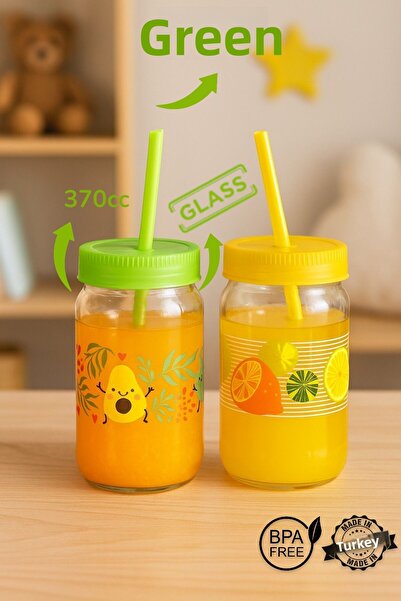MUF HOME كوب زجاجي منقوش مع مصاصة |   كوب عصير الحليب الخالي من مادة BPA للأطفال سعة 370 سم مكعب