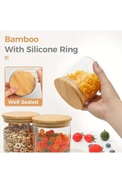 CİHO 6Pcs Glass Round Storage Jar Set with Bamboo Lid Kitchen Storage Jar 500ml