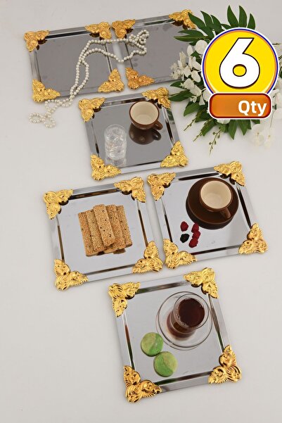 AKSESUAR EVRENİ Pietra Stainless Square 4 Corners 6-Piece Presentation Tray with Yellow Flower Detail