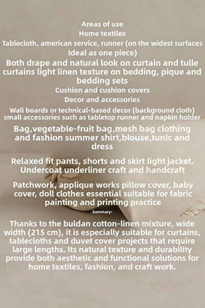 KAMİZ Natural Washed Cotton Linen Fabric Wide Width 215 cm Home Textile & Clothing Fabric