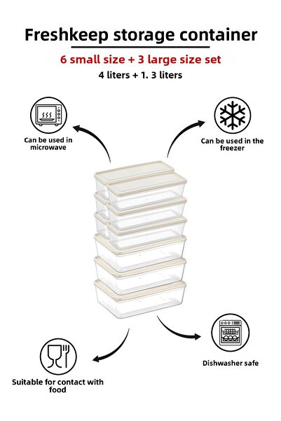 Mefa Mutfak Refrigerator Organizer Storage Container Suitable for Microwave and Freezer Set of 9 - 6 Pieces. 1.3 Lt - 3 Units. 4 Lt-Cream
