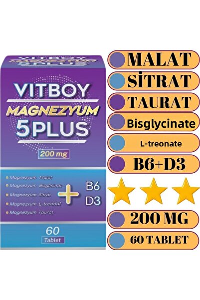 Vitboy Multi Magnesium 5 Plus Complex 60 Tablets 200Mg Malate-Bisglycinate-Citrate-L-Treonate-Taurate-B6-D3