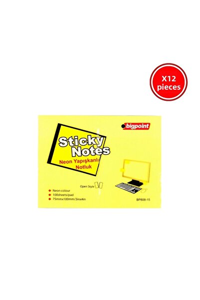Bigpoint Hârtie adezivă pentru notițe, 12 bucăți, 75x100mm, galben neon, 100 ...