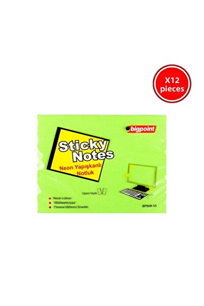 Bigpoint Hârtie adezivă pentru notițe, 12 bucăți, 75x100mm, verde neon, 100 coli