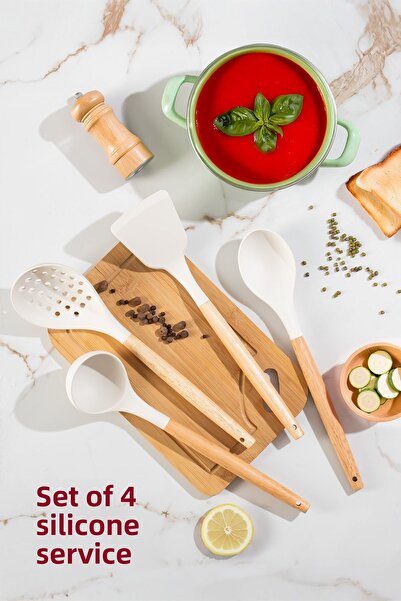 Porsima 3166 Bamboo Wooden Handle Silicone 4 Piece Serving Set White