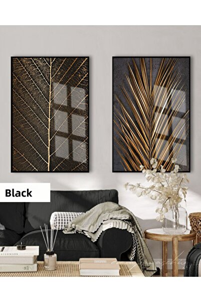 Harikabirev HARİKABİREV | ( PALM ) SET NEGRU & AUR COMBINAT FRUNZĂ | TABLO CU...