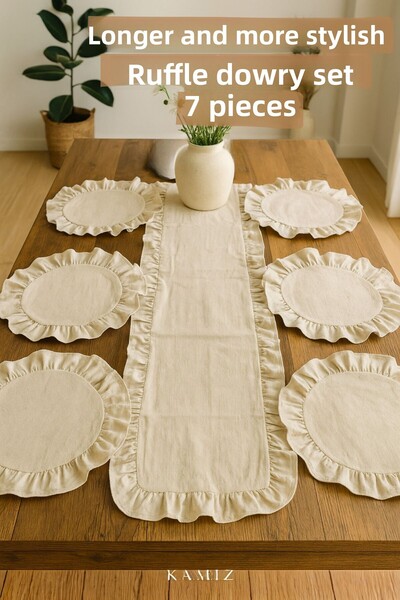 KAMİZ Ruffled Dowry Set Ruffled Linen Runner & 6-Piece Ruffled American Set Supla Set - Dowry Set