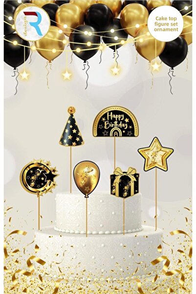 MFM Στολίδι τοπέτας τούρτας με θέμα τα γενέθλια χρυσό 6 τεμάχια