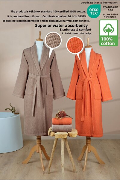 Ellaline 4 Piece Striped Bathrobe Set 100% Cotton Certified Family Towel Bathrobe Set Dowry Set Khv - Orange