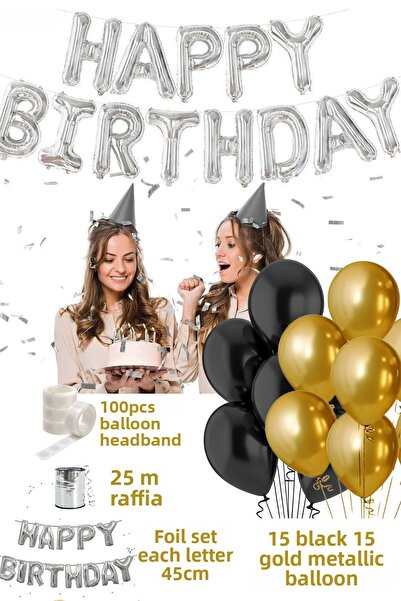 Baloncu Dede Σετ γενεθλίων Happy Birthday Μαύρο χρυσό σετ μπαλόνι για γυναίκε...