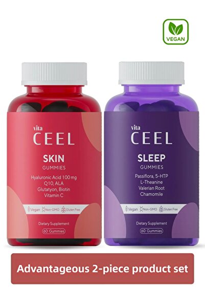 VitaCeel 2 Pack Skin Vitamin and Sleep Vitamin Gummy Vegan Chewable Vitamin