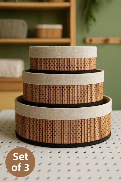 Vienev مجموعة سلة تنظيم دائرية من الخيزران مكونة من 3 قطع - منظم متعدد الأغراض