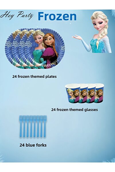 PartyPoo Frozen Elsa Birthday Party Set - 24 People |   Plate, Glass, Fork Bi...