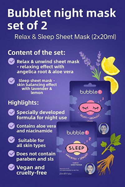 Bubble T مجموعة قناع الليل مكونة من قطعتين – قناع الاسترخاء والنوم (2 × 20 مل)