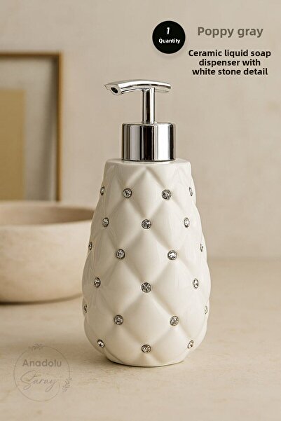 Anadolu Saray White Stone Detailed Ceramic Liquid Soap Dispenser Luxury Pump Ceramic Liquid Soap Dispenser