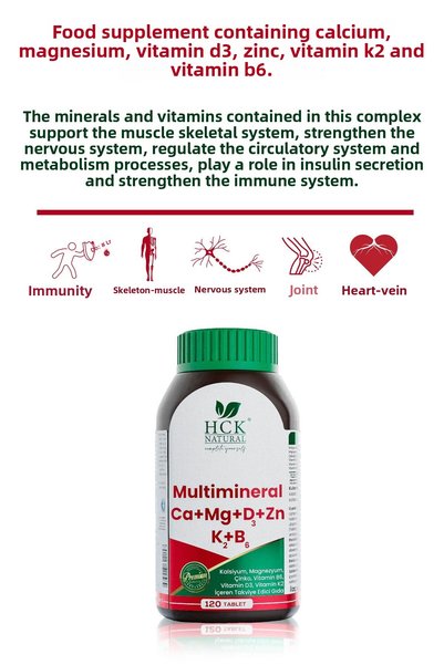 HCK NATURAL Multimineral 120 Tablets Calcium Magnesium Zinc Vitamin B6-D3-K2 Supplementing Food