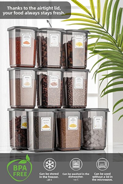 Meleni Home Set of 12 Large Size Square Food Storage Container with Pino Label Anthracite 12 X 1.10 Lt