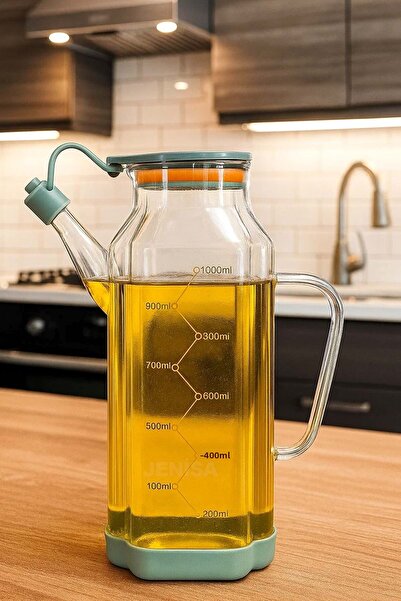 Jenisa Transparent Glass 1000 ml Oil Pot Jug Non-Spill & Non-Slip Silicone Based Oil Pot - Green