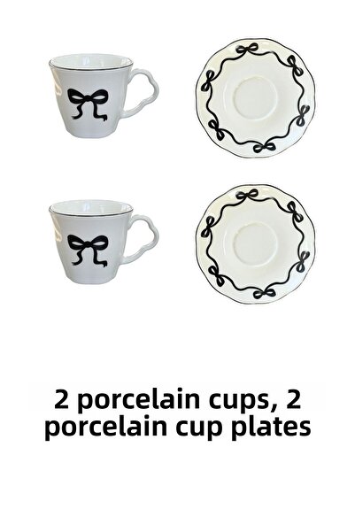 porselenden Bow 2 Person 4 Piece Porcelain Coffee Cup Set 90 Cc Black Ribbon Patterned