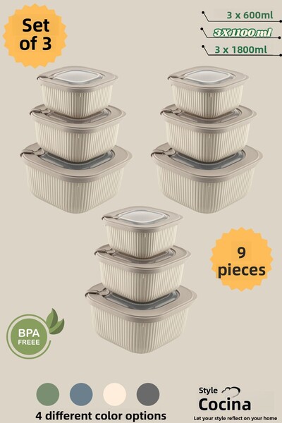 Stile Cucina 9-Piece Vacuum Vip Storage Container Dowry Set Suitable for Microwave and Freezer Use 3X(600-1100-1800 ml)