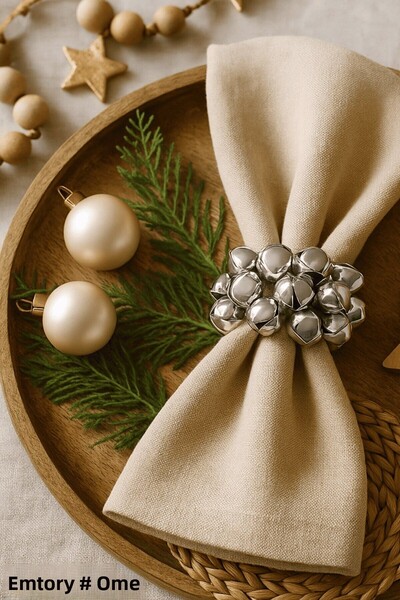 Emtory Home 6-Piece Silver Decorative Metal Bell Beaded Napkin Ring