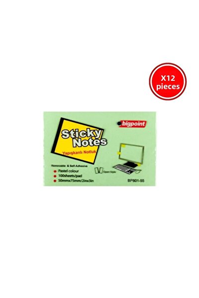 Bigpoint Hârtie adezivă pentru notițe, 12 bucăți, 75x50mm, verde, 100 coli