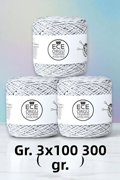 Ece Örgü Tasarım Atölyesi خيط حياكة يدوي من القطن 100% مع لمعان فضي، لون رماد...